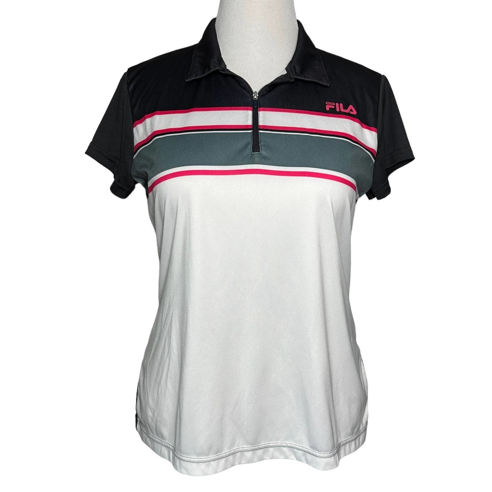 Fila Golf Womens Polo Shirt Large Gray White Pink Activewear Knit Sport Top